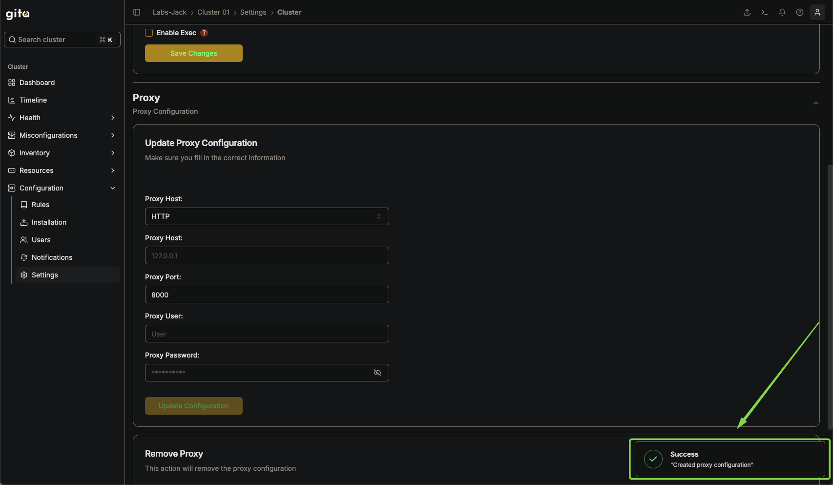 Confirmação de Configuração