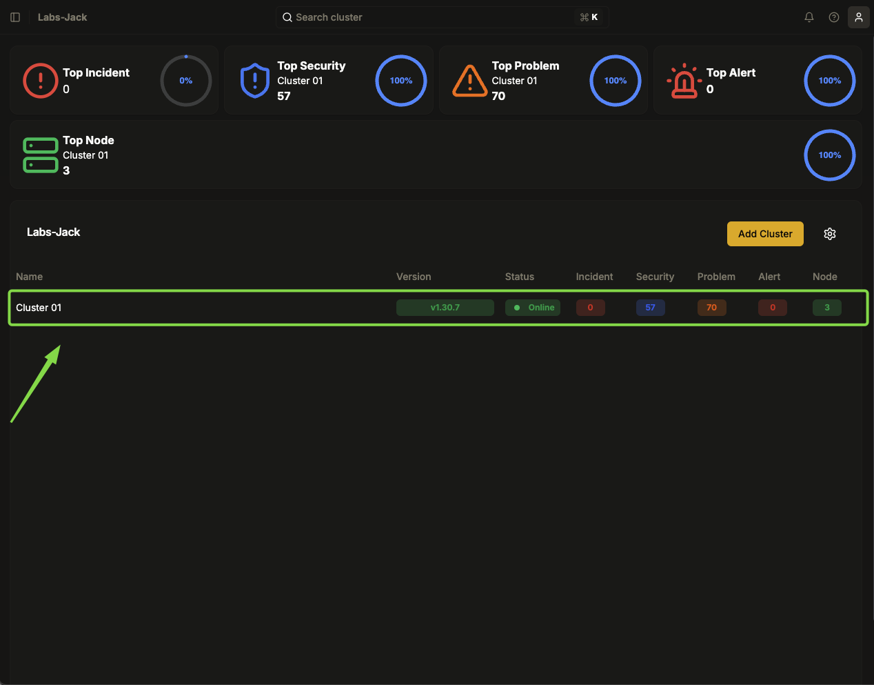 Selecionando o Cluster